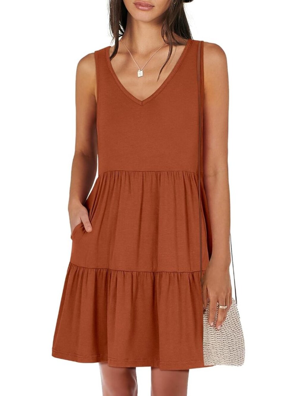 Women's Brick Red Summer Casual Tank Dress Sleeveless V Neck T Shirt Sundress